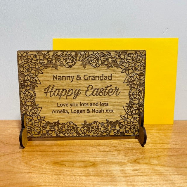 Floral &#39;Happy Easter&#39; Wooden Card