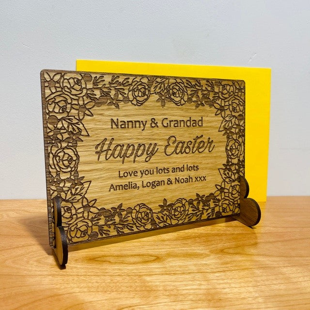 Floral &#39;Happy Easter&#39; Wooden Card