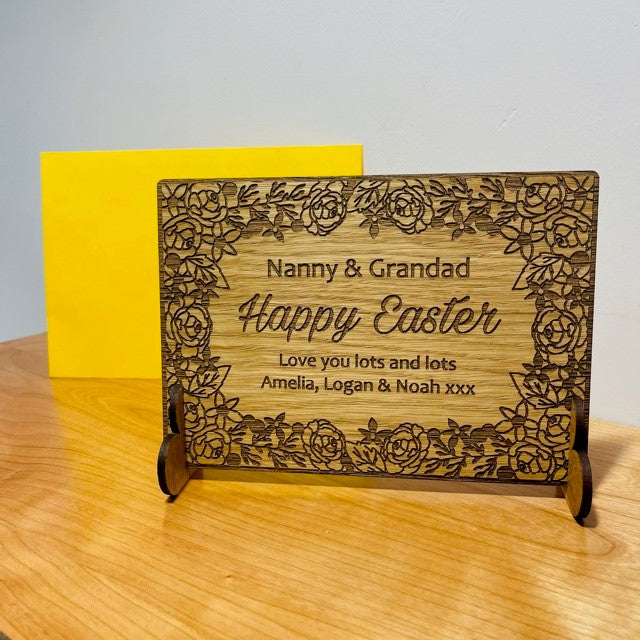 Floral &#39;Happy Easter&#39; Wooden Card