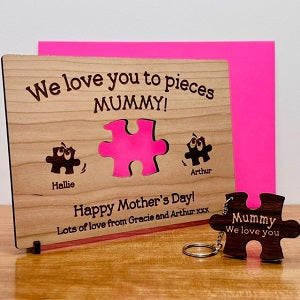 &#39;We love you to pieces&#39; Mother&#39;s Day Wooden Card &amp; Keyring