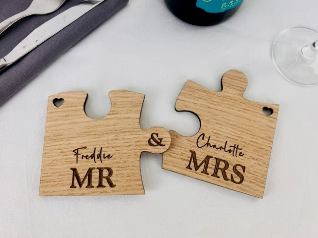 Mr &amp; Mrs Jigsaw Piece Coaster Set