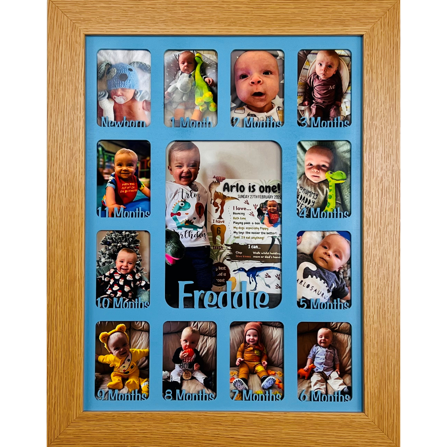 Newborn Baby 1st Year Personalised Photo Frame 1-12 months (Natural Finish Frame and Oak Insert)