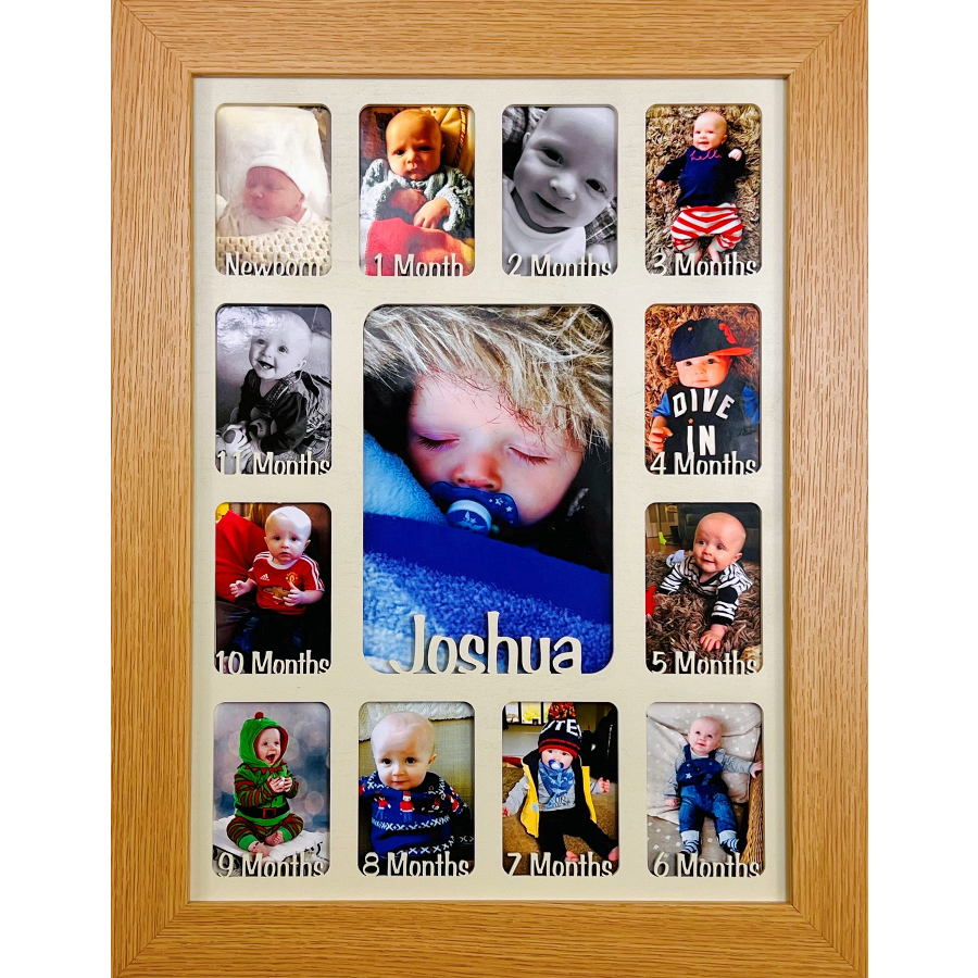 Newborn Baby 1st Year Personalised Photo Frame 1-12 months (Natural Finish Frame and Teal Insert)