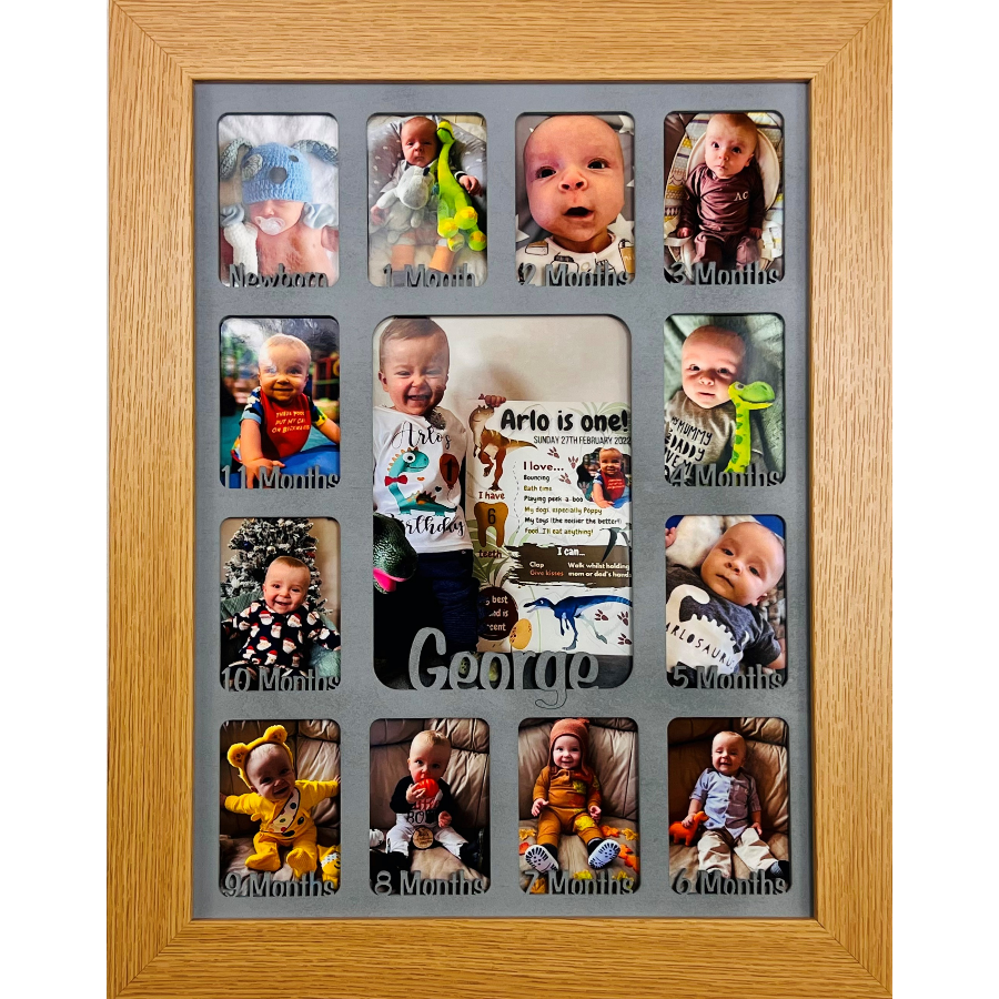 Newborn Baby 1st Year Personalised Photo Frame 1-12 months (Natural Finish Frame and White Insert)