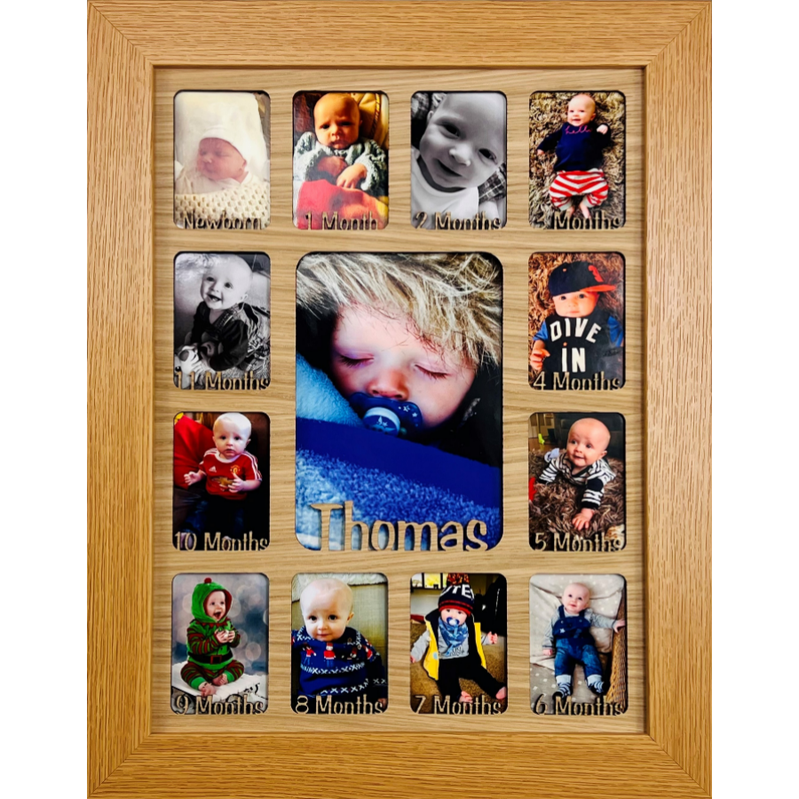 Newborn Baby 1st Year Personalised Photo Frame 1-12 months (Natural Finish Frame and Walnut Insert)