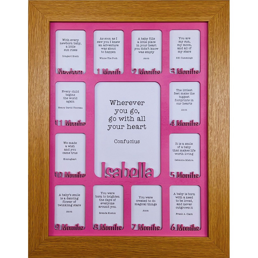 Newborn Baby 1st Year Personalised Photo Frame 1-12 months (Natural Finish Frame and Teal Insert)