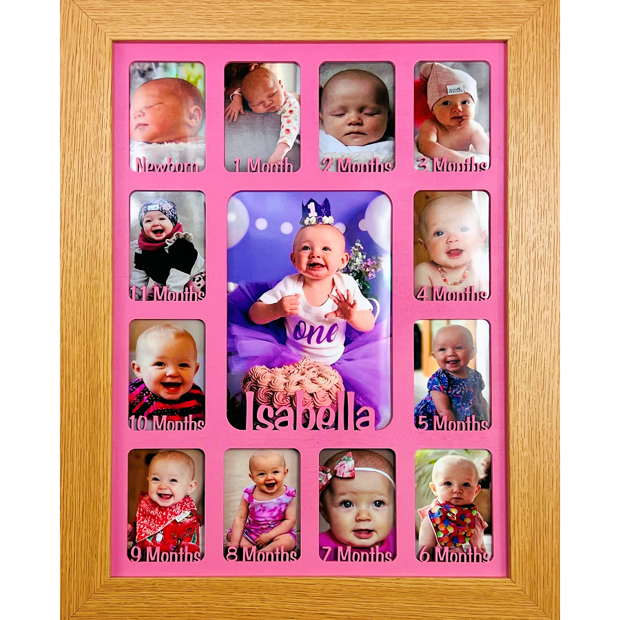 Newborn Baby 1st Year Personalised Photo Frame 1-12 months (Natural Finish Frame and Walnut Insert)