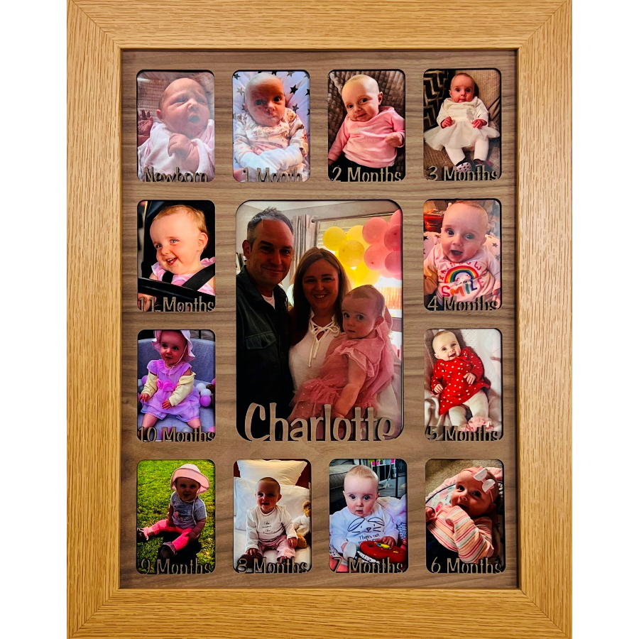 Newborn Baby 1st Year Personalised Photo Frame 1-12 months (Natural Finish Frame and Baby Blue Insert)