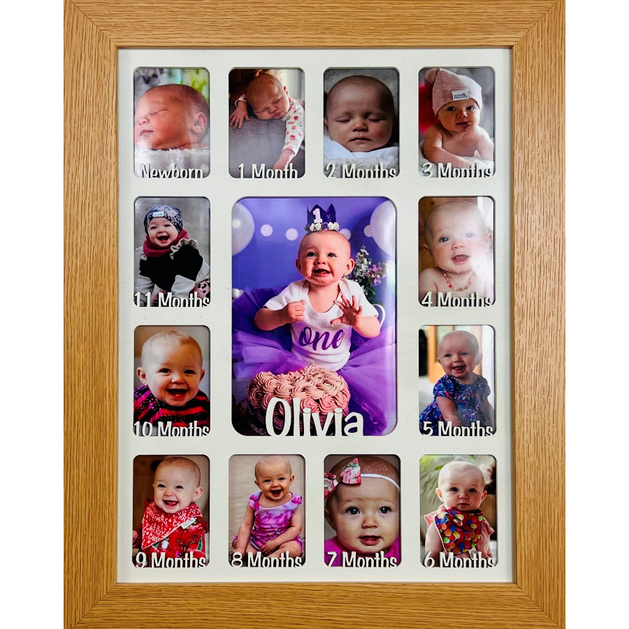 Newborn Baby 1st Year Personalised Photo Frame 1-12 months (Natural Finish Frame and Baby Blue Insert)