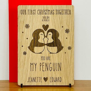Couple&#39;s 1st Christmas Penguin Wooden Christmas Card