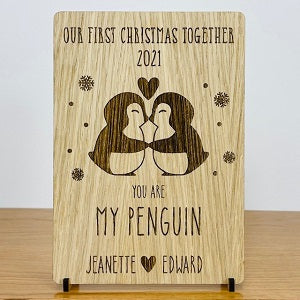 Couple&#39;s 1st Christmas Penguin Wooden Christmas Card