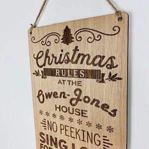 Family &#39;Christmas Rules&#39; Hanging Sign