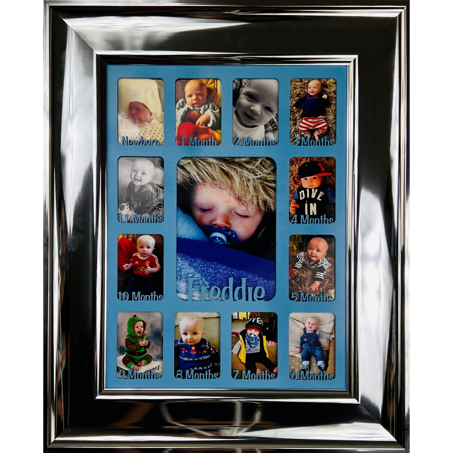 Newborn Baby 1st Year Personalised Photo Frame 1-12 months (Silver Chrome Frame and Baby Blue Insert)