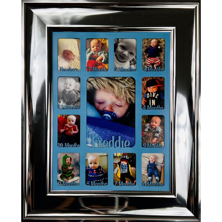 Newborn Baby 1st Year Personalised Photo Frame 1-12 months (Silver Chrome Frame and Walnut Insert)