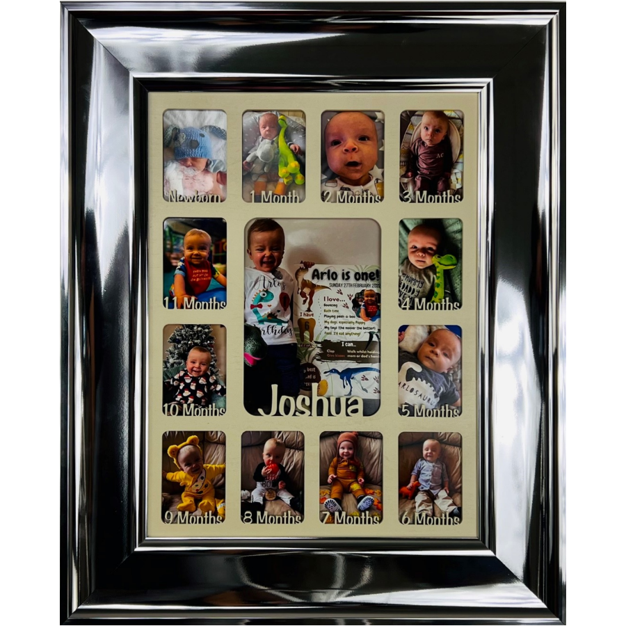 Newborn Baby 1st Year Personalised Photo Frame 1-12 months (Silver Chrome Frame and Oak Insert)