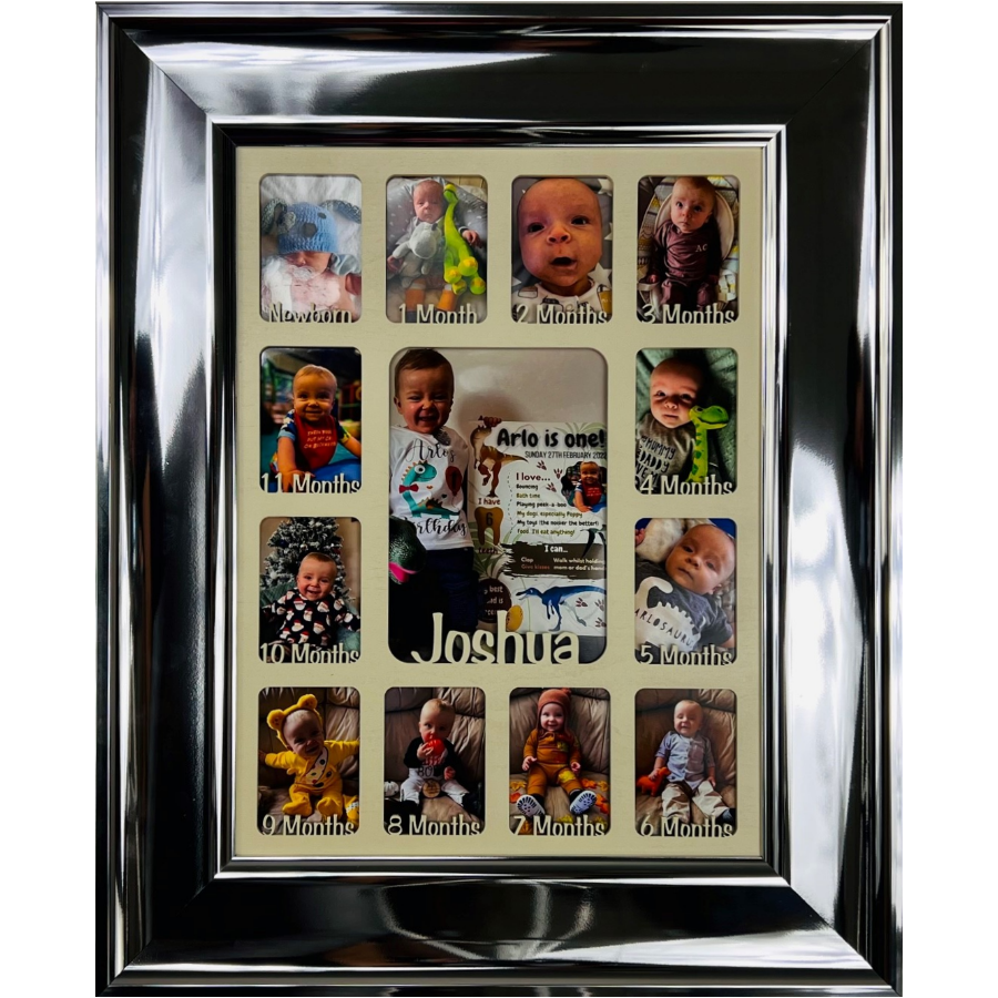 Newborn Baby 1st Year Personalised Photo Frame 1-12 months (Silver Chrome Frame and Grey Insert)