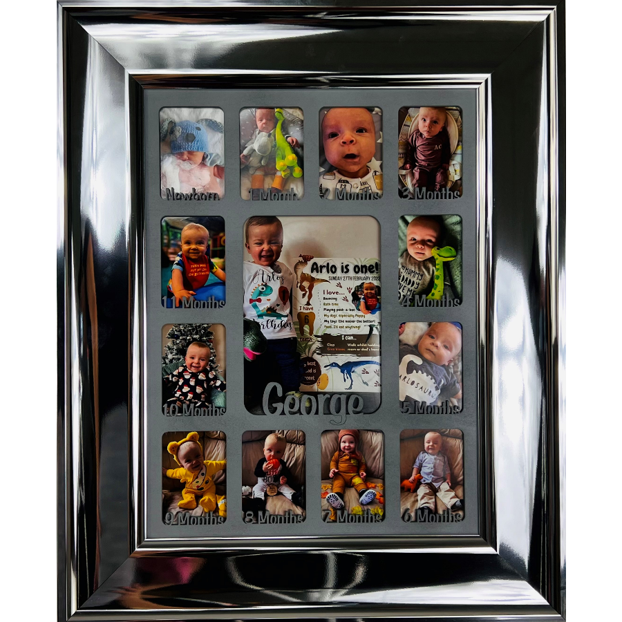 Newborn Baby 1st Year Personalised Photo Frame 1-12 months (Silver Chrome Frame and Grey Insert)