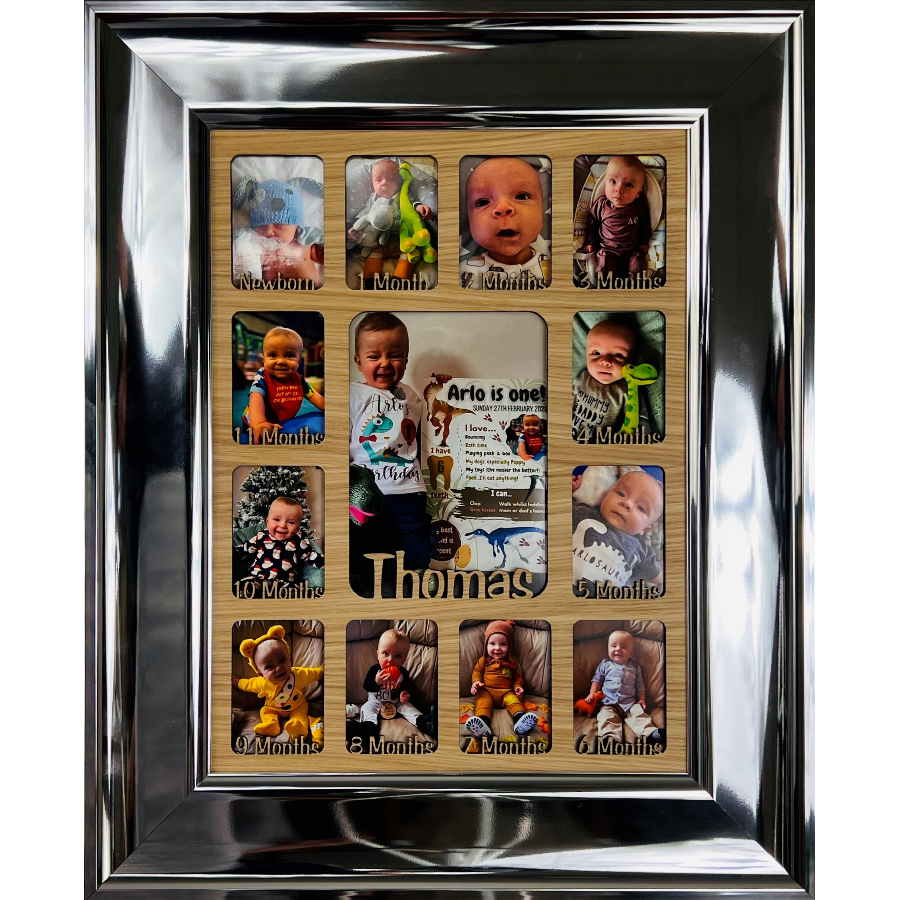 Newborn Baby 1st Year Personalised Photo Frame 1-12 months (Silver Chrome Frame and Teal Insert)