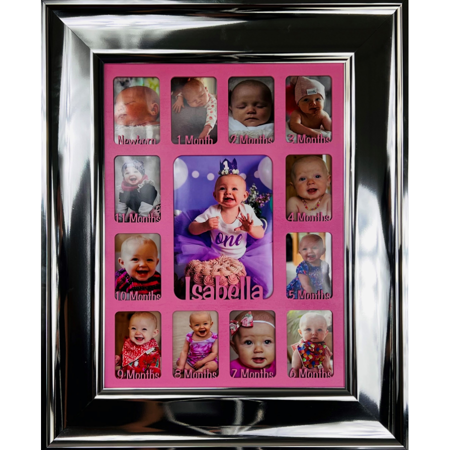 Newborn Baby 1st Year Personalised Photo Frame 1-12 months (Silver Chrome Frame and Cream Insert)