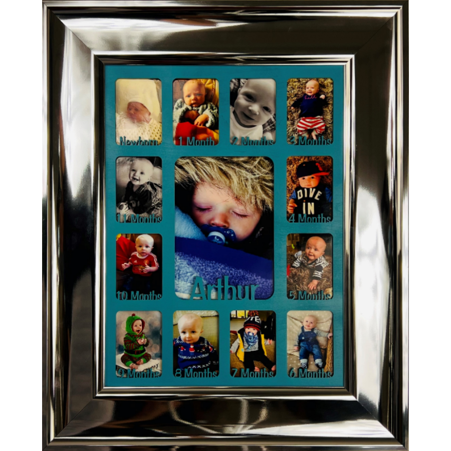 Newborn Baby 1st Year Personalised Photo Frame 1-12 months (Silver Chrome Frame and Baby Blue Insert)