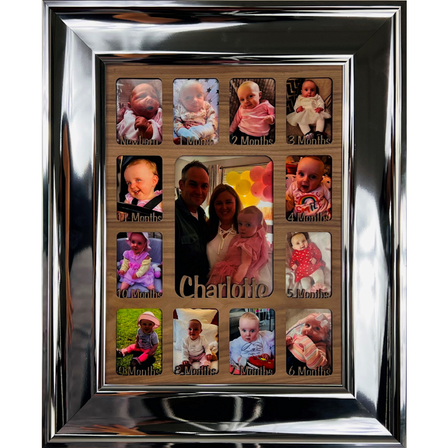 Newborn Baby 1st Year Personalised Photo Frame 1-12 months (Silver Chrome Frame and Grey Insert)