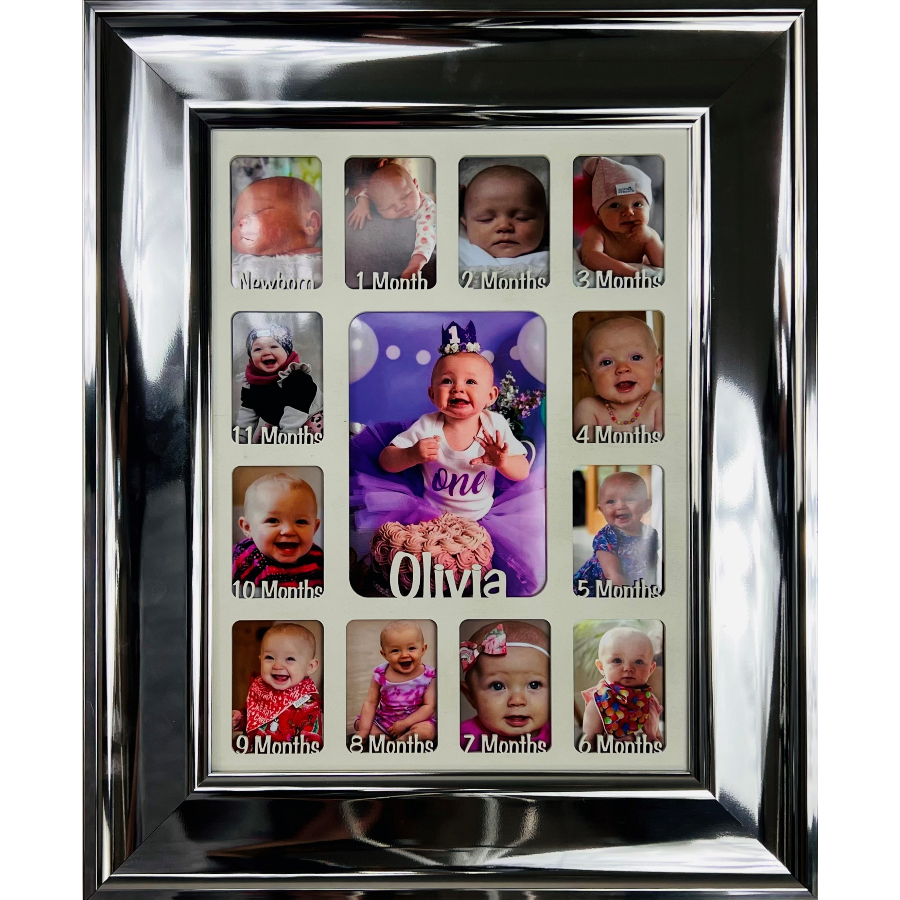 Newborn Baby 1st Year Personalised Photo Frame 1-12 months (Silver Chrome Frame and Teal Insert)