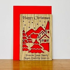 Snowy Scene Wooden Cut Out Christmas Card