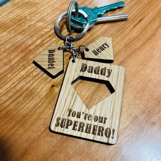 &#39;You&#39;re our superhero!&#39; Daddy Keyring &amp; charms