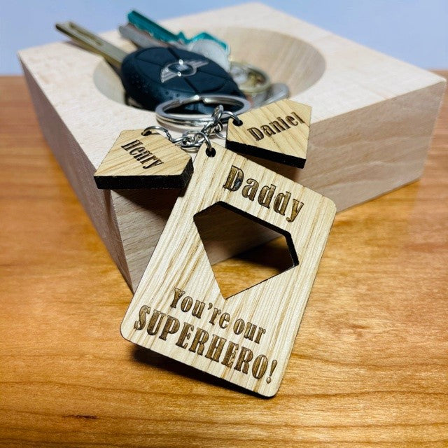 &#39;You&#39;re our superhero!&#39; Daddy Keyring &amp; charms