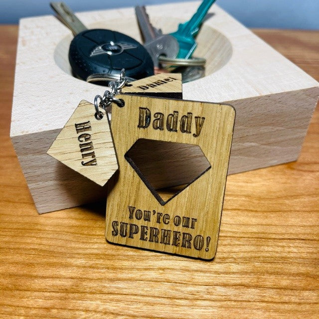 &#39;You&#39;re our superhero!&#39; Daddy Keyring &amp; charms