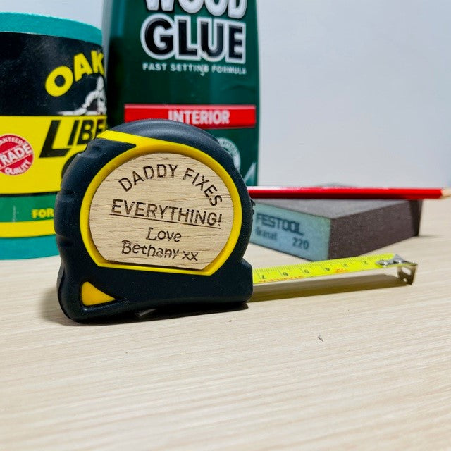 &#39;Daddy Fixes Everything!&#39; Stanley Tape Measure