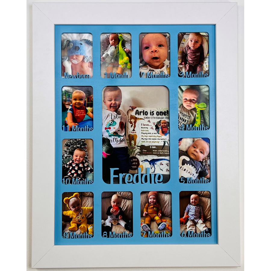 Newborn Baby 1st Year Personalised Photo Frame 1-12 months (White Frame and Grey Insert)