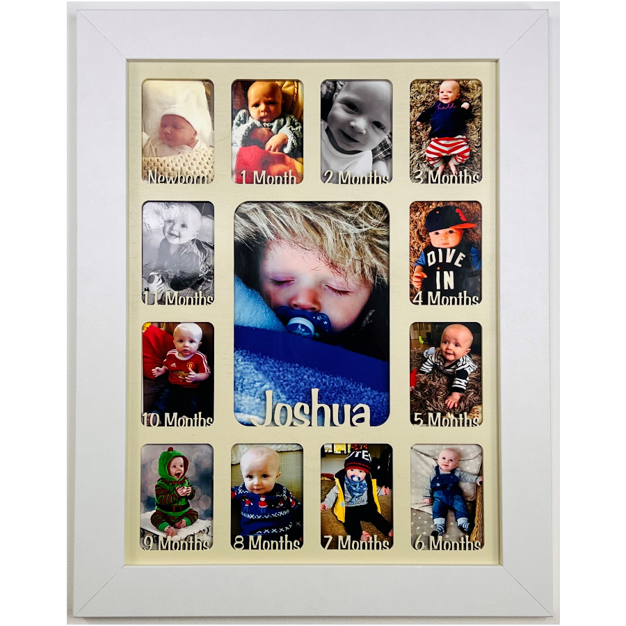 Newborn Baby 1st Year Personalised Photo Frame 1-12 months (White Frame and Teal Insert)