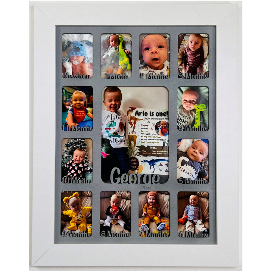 Newborn Baby 1st Year Personalised Photo Frame 1-12 months (White Frame and Oak Insert)