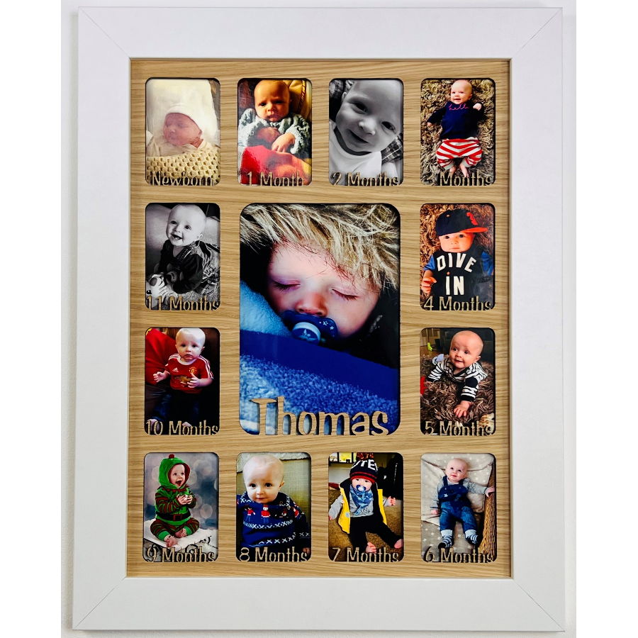 Newborn Baby 1st Year Personalised Photo Frame 1-12 months (White Frame and Oak Insert)