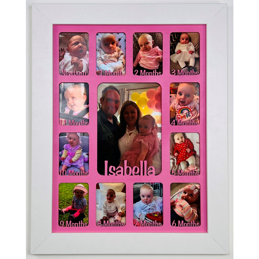 Newborn Baby 1st Year Personalised Photo Frame 1-12 months (White Frame and Pink Insert)