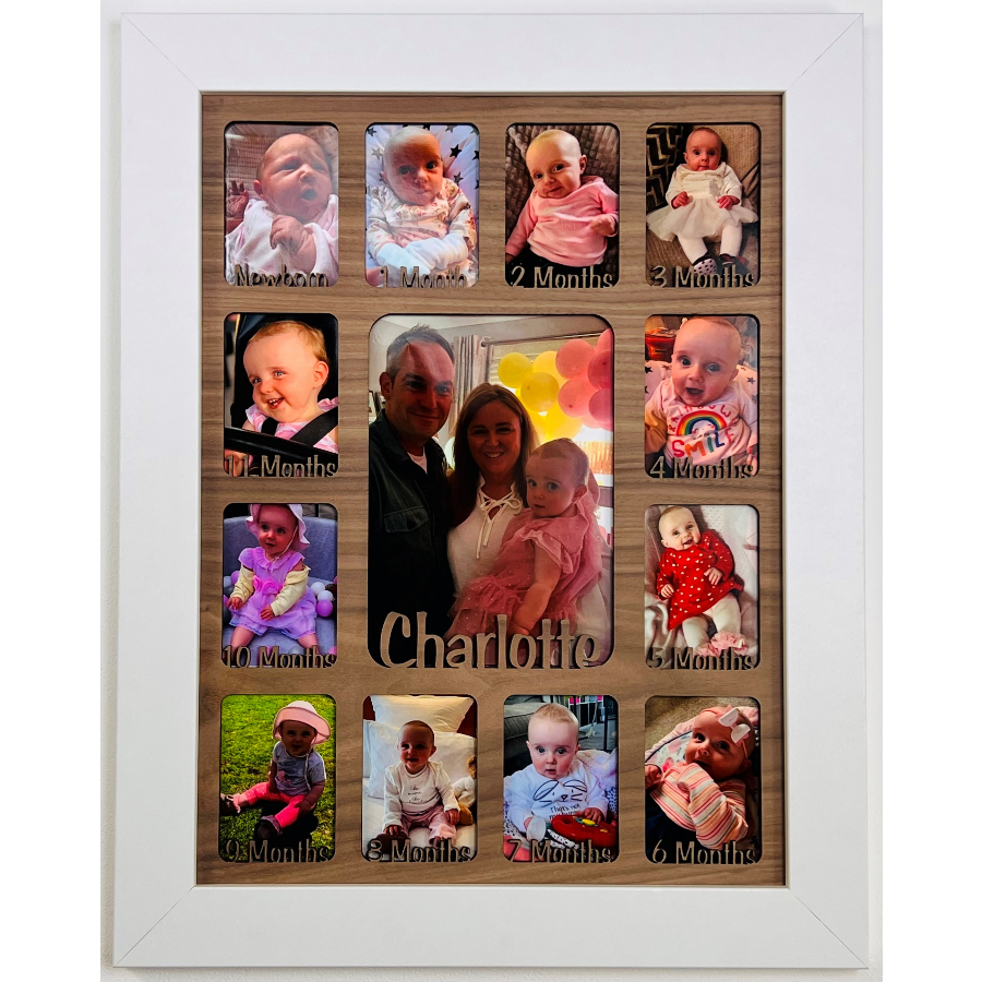 Newborn Baby 1st Year Personalised Photo Frame 1-12 months (White Frame and Teal Insert)