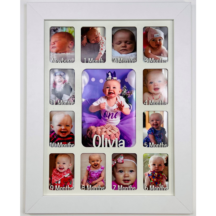Newborn Baby 1st Year Personalised Photo Frame 1-12 months (White Frame and Oak Insert)