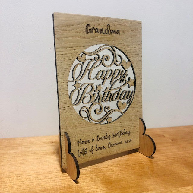 &#39;Happy Birthday&#39; Words Cut Out Wooden Card