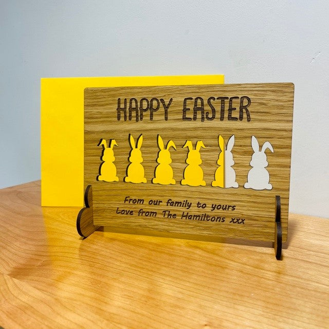 &#39;Happy Easter&#39; Bunnies Wooden Card