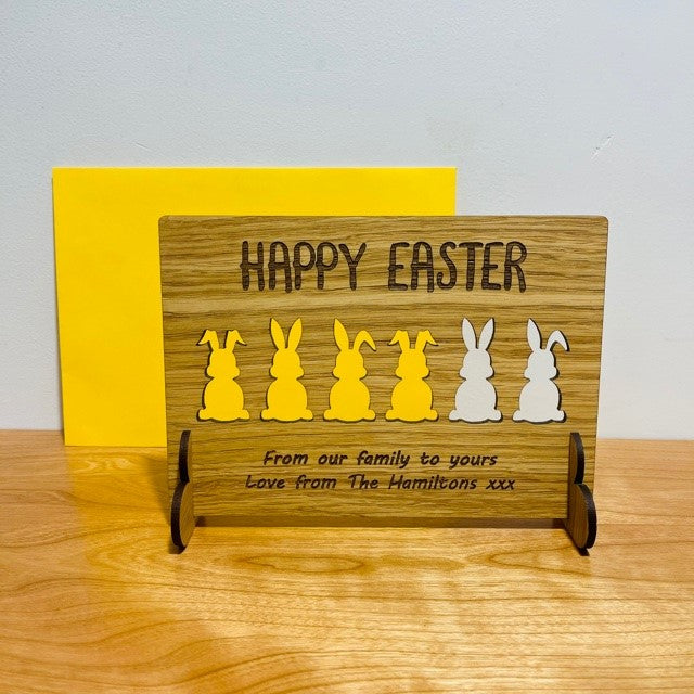 &#39;Happy Easter&#39; Bunnies Wooden Card