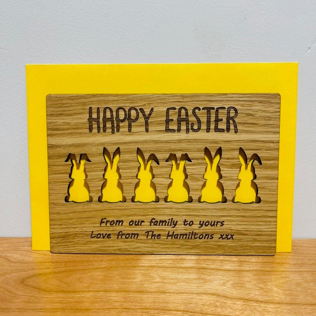 &#39;Happy Easter&#39; Bunnies Wooden Card