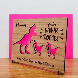 Mother&#39;s Day Mum &amp; Baby Dinosaur Wooden Card