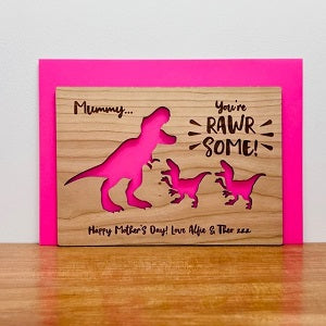 Mother&#39;s Day Mum &amp; Baby Dinosaur Wooden Card