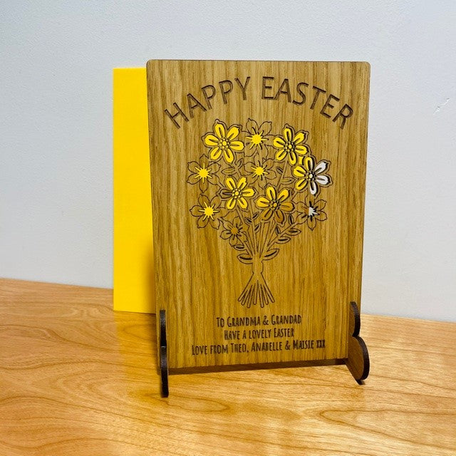 Bunch of Flowers &#39;Happy Easter&#39; Wooden Card