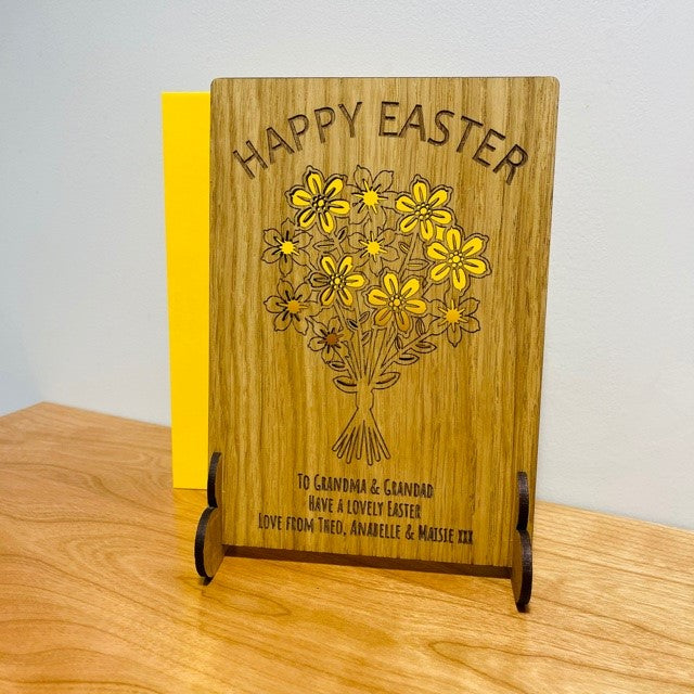 Bunch of Flowers &#39;Happy Easter&#39; Wooden Card