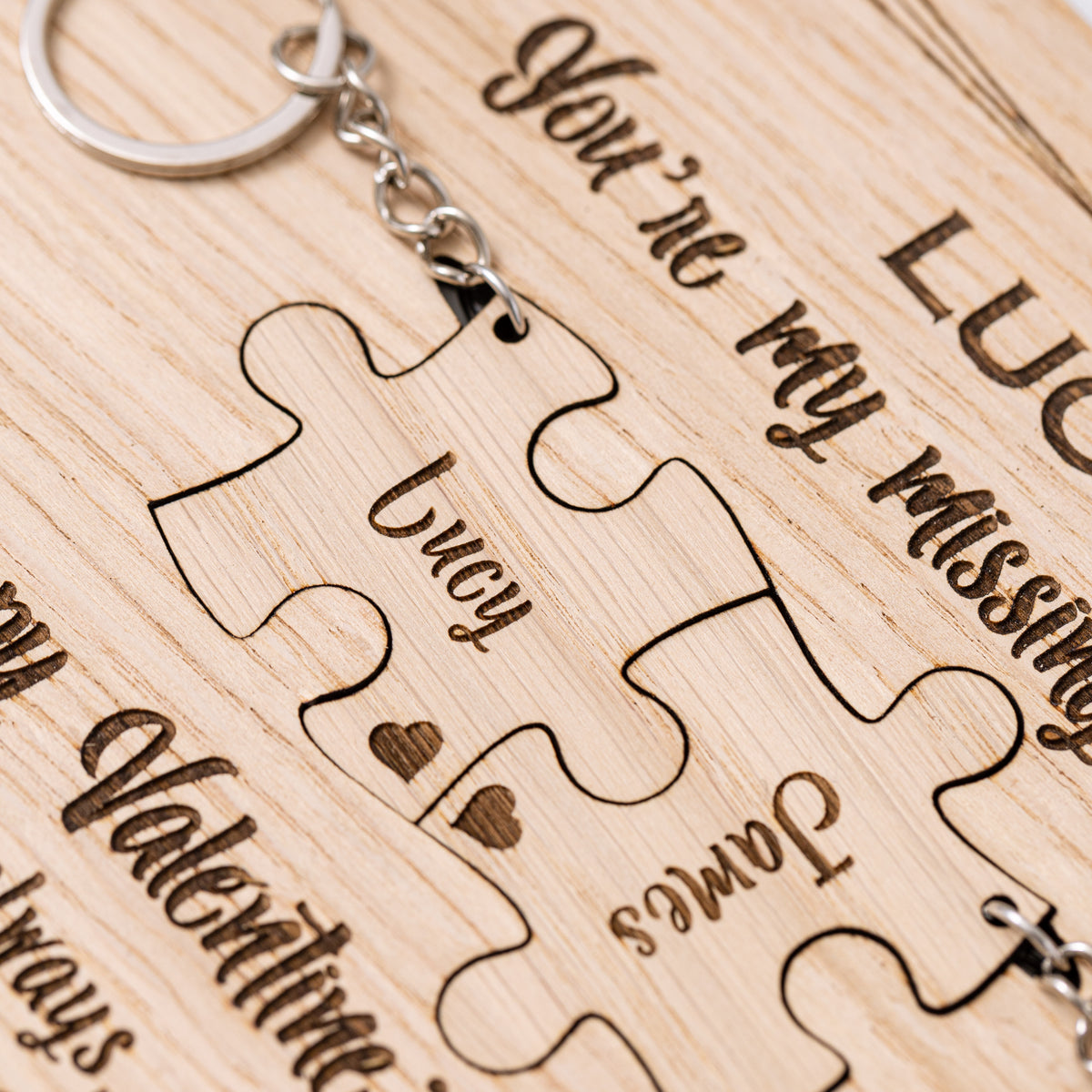 “You’re My Missing Piece” Valentine&#39;s Day Wooden Card &amp; 2 x Jigsaw Keyringsi