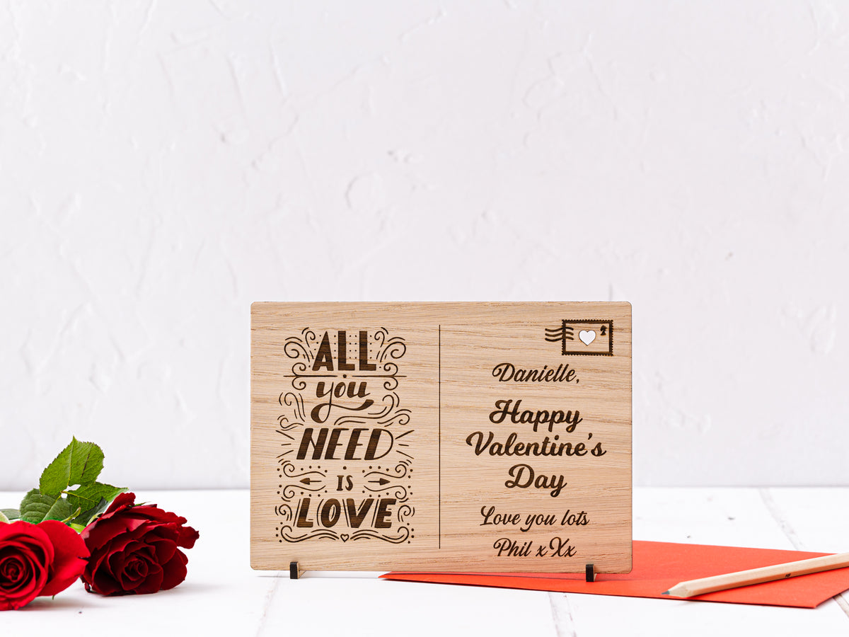 &#39;All you need is Love&#39; Wooden Valentine&#39;s Day Post Card