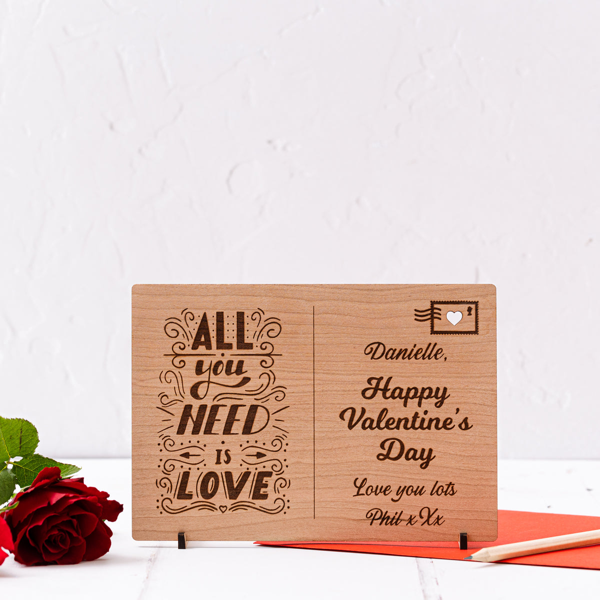 &#39;All you need is Love&#39; Wooden Valentine&#39;s Day Post Card