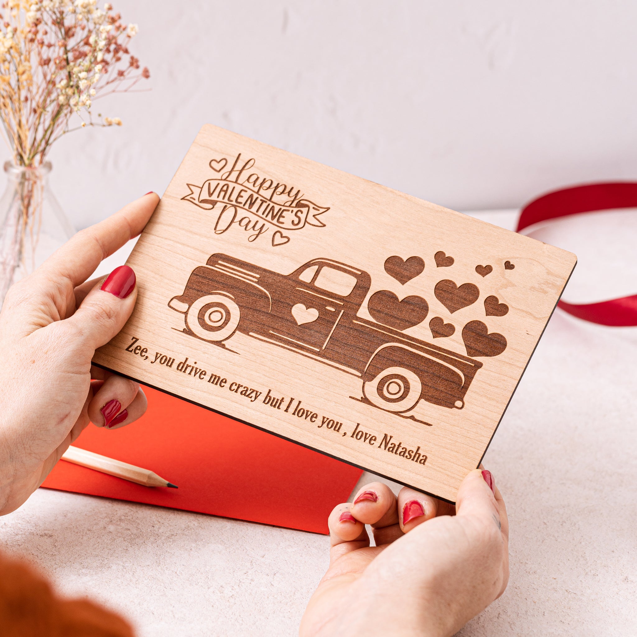 Personalised Happy Valentine s Day Love Truck Wood Engraved Card